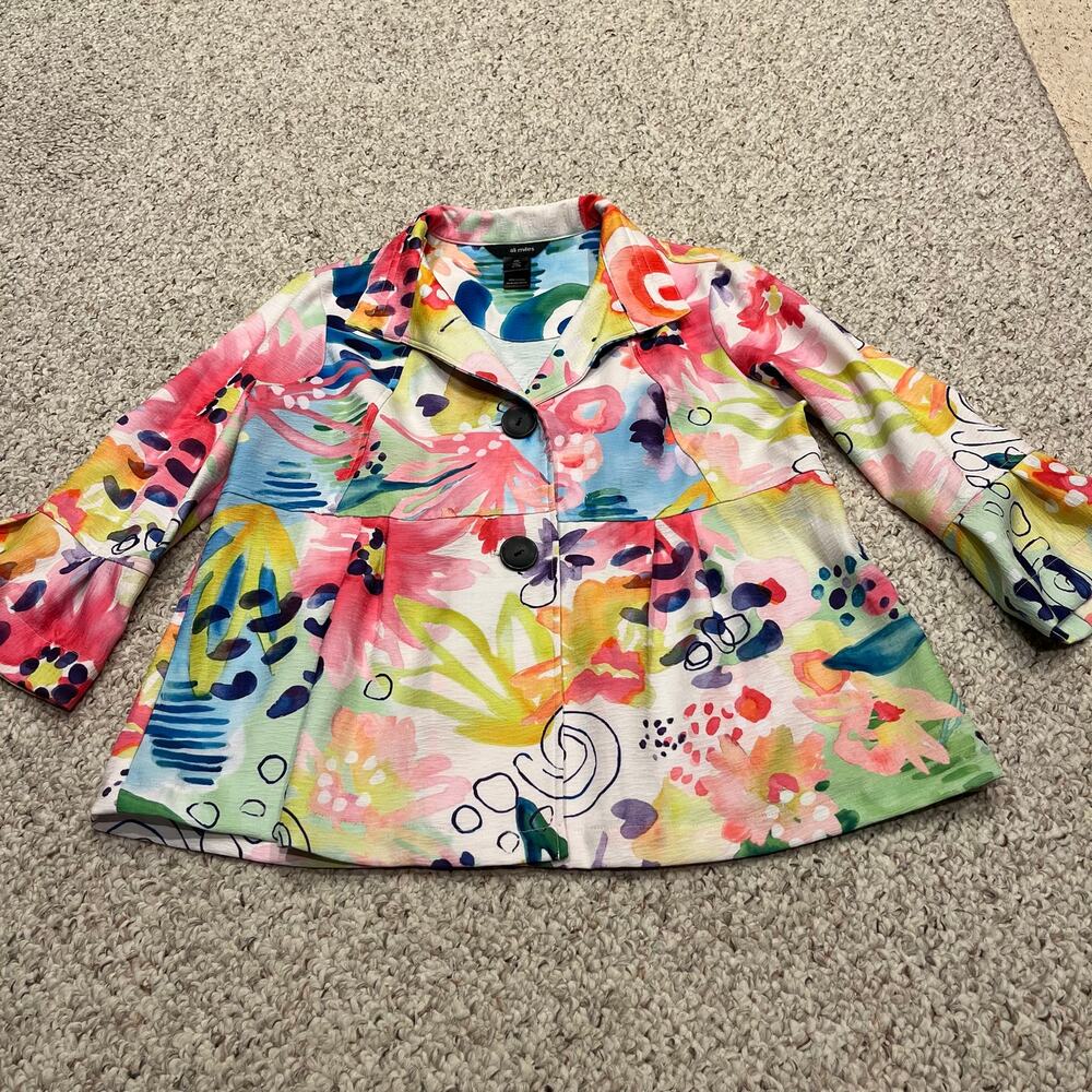 Ali Miles Abstract Floral Button Front Jacket M Petite Artsy Colorful Watercolor